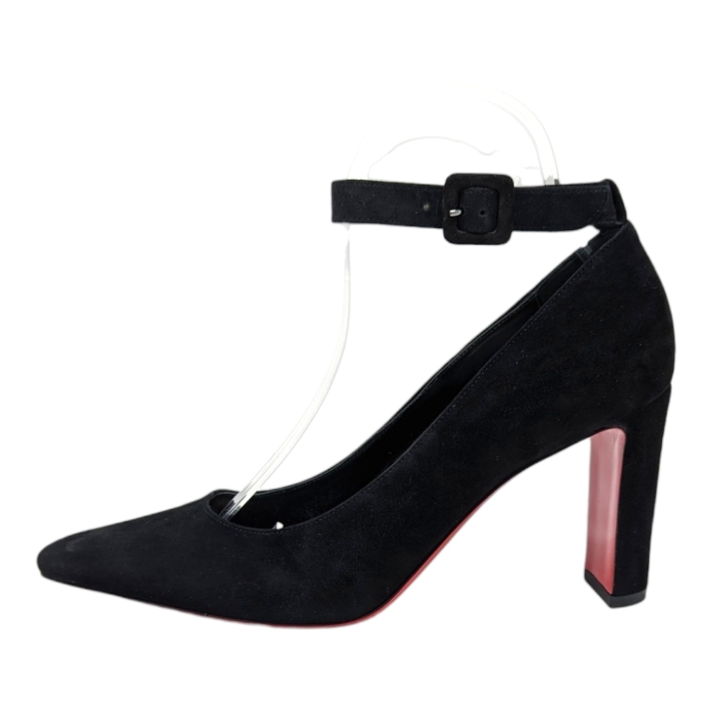 LOUBOUTIN Suprastrap 85 black suede ankle strap pump block heels 38.5